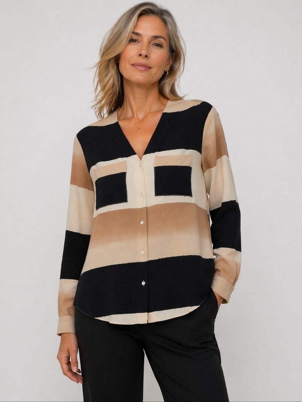 JOSEPH RIBKOFF COLORBLOCK BLOUSE SIZE 8 / MEDIUM NEUTRAL STRIPES CHIC TOP